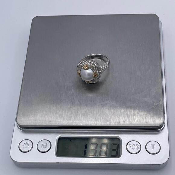 Judith Ripka Freshwater Pearl Citrine Ring 925 Sterling Silver Cable Band Size 8 - Picture 10 of 11